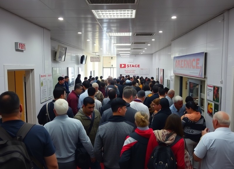 Antes — Una sola fila para todos los trámites y espera concentrada en la entrada.