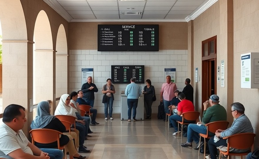 Después — Turnos separados por tipo de trámite y sala de espera ordenada.